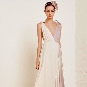 Chiffon Asymmetric Split-Joint Deep V-Neck Maxi Dress - Size M